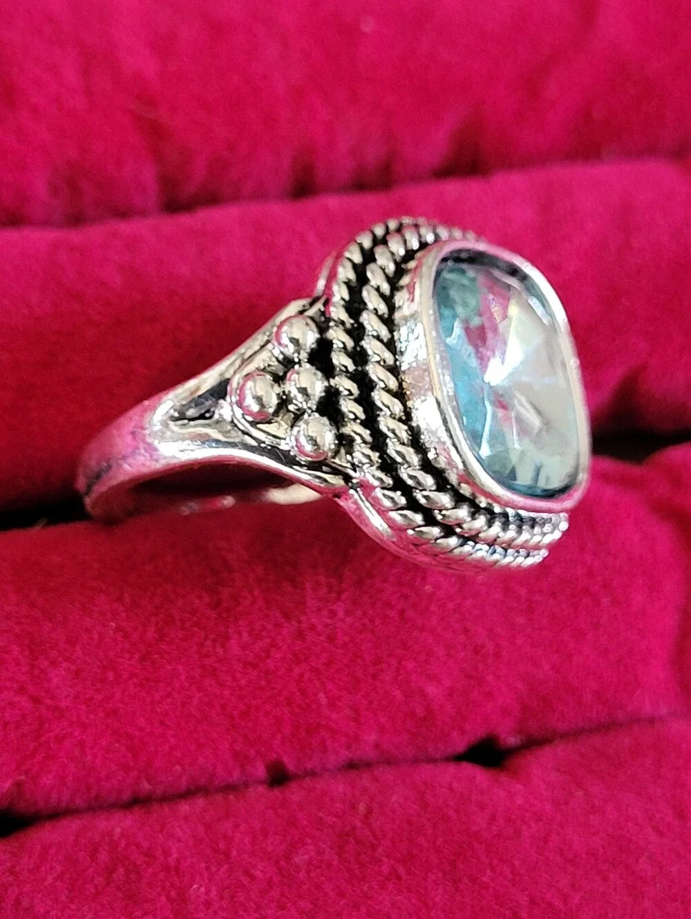Silver-Tone Clear Blue Crystal Cocktail Ring - Size 9